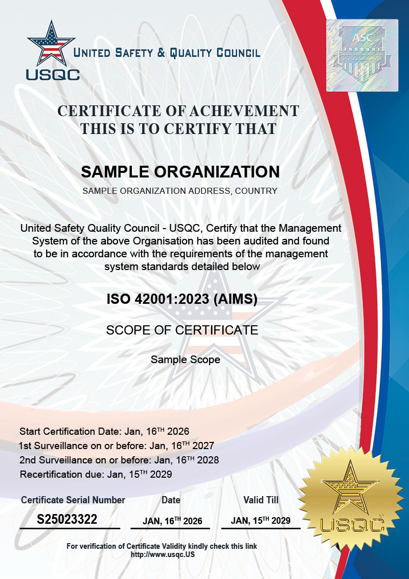 Sample USQC ISO 42001 Certificate of Registration for Artificial Intelligence Management System – issued upon successful certification audit